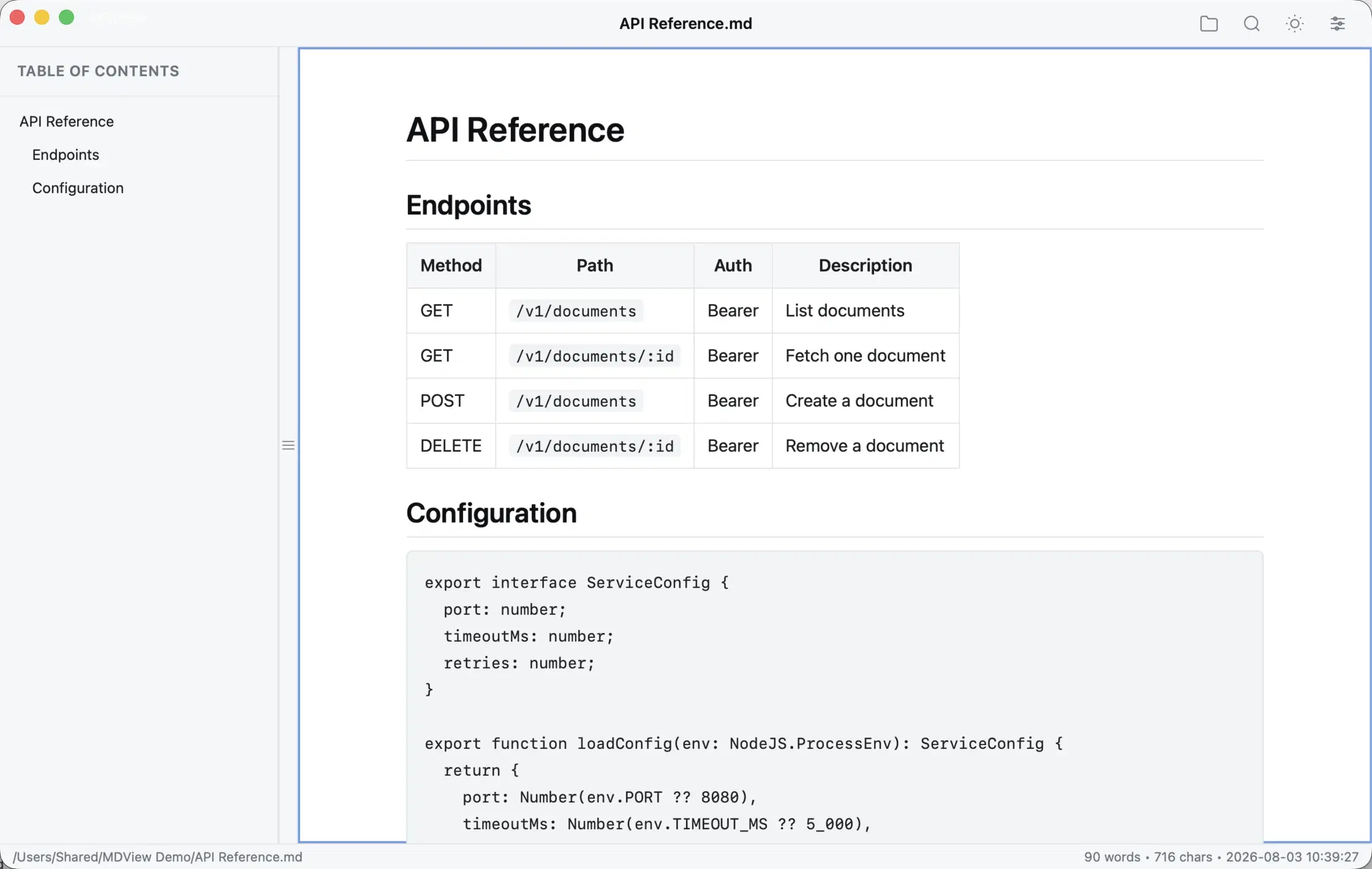 An API reference in MDView, showing a table and syntax-highlighted code