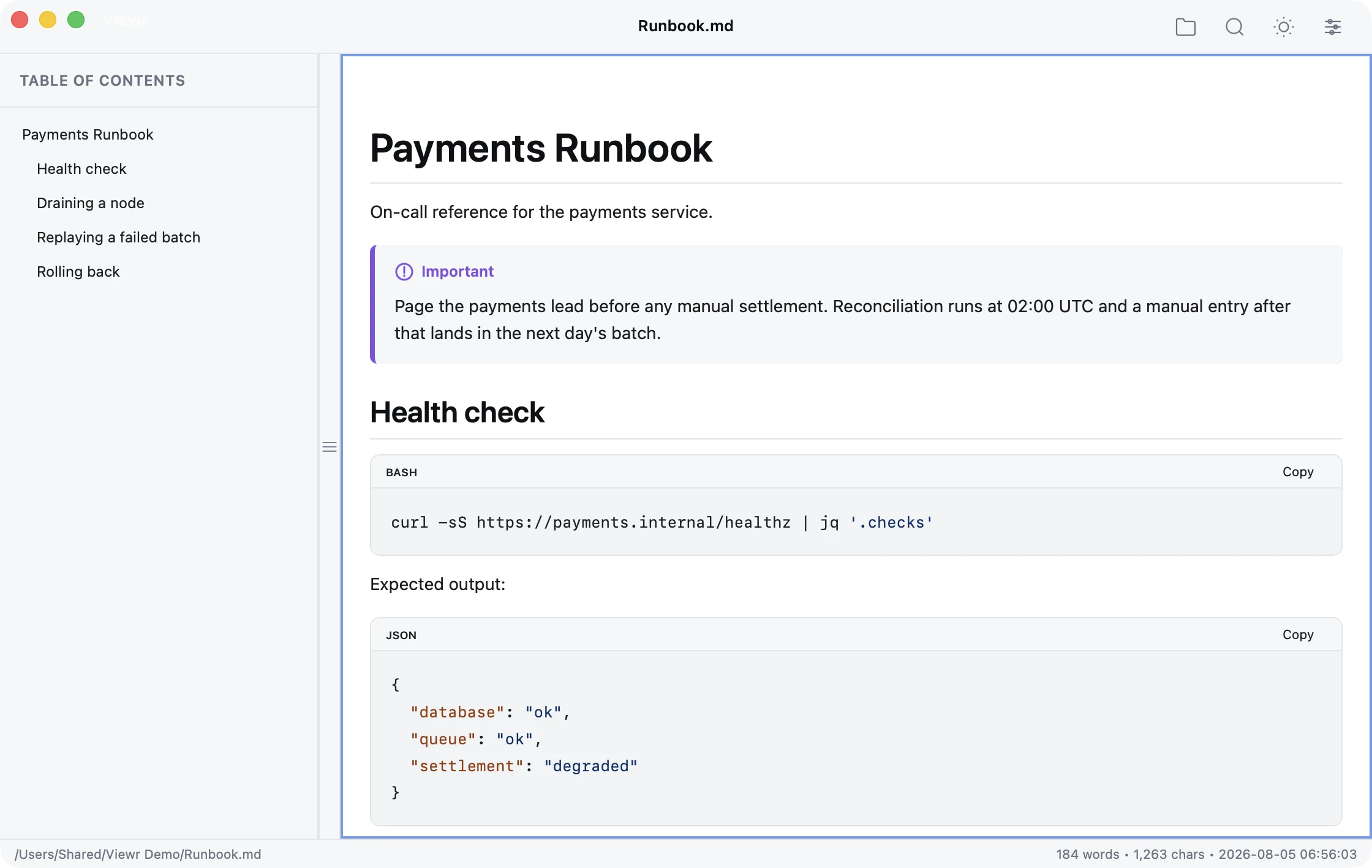 A runbook in Viewr, with Copy buttons and language labels on its bash and JSON code blocks
