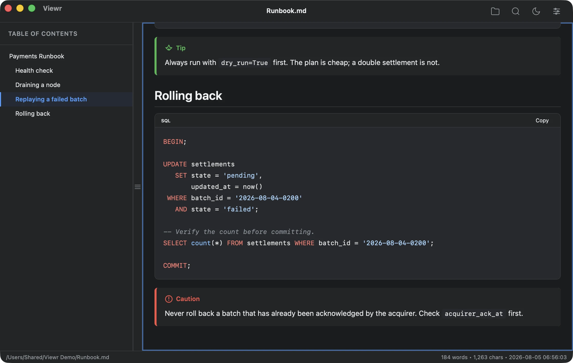 A runbook in Viewr's dark theme, showing SQL and callout blocks