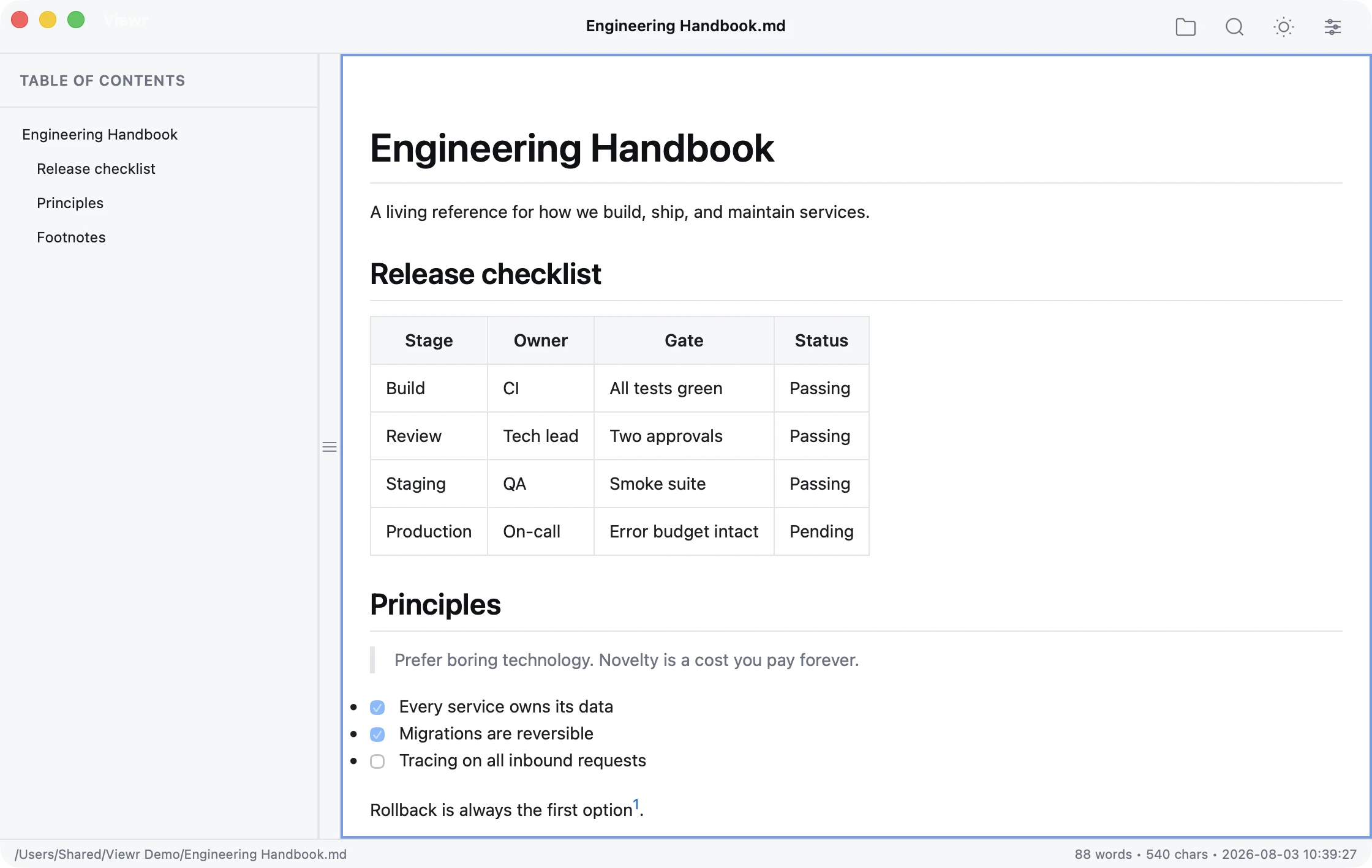 Viewr showing an engineering handbook with the table of contents open