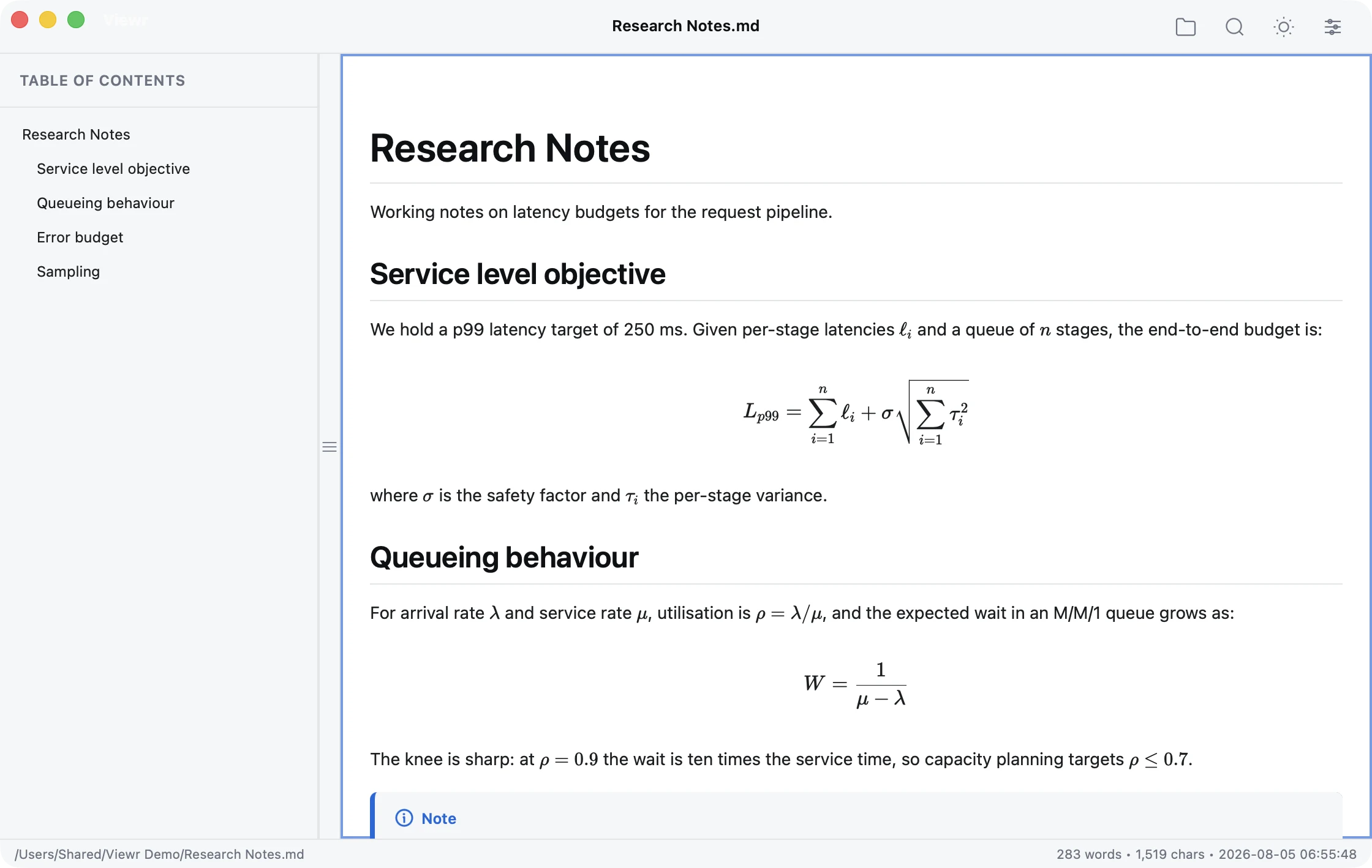 LaTeX formulas rendered inline and as display equations in Viewr