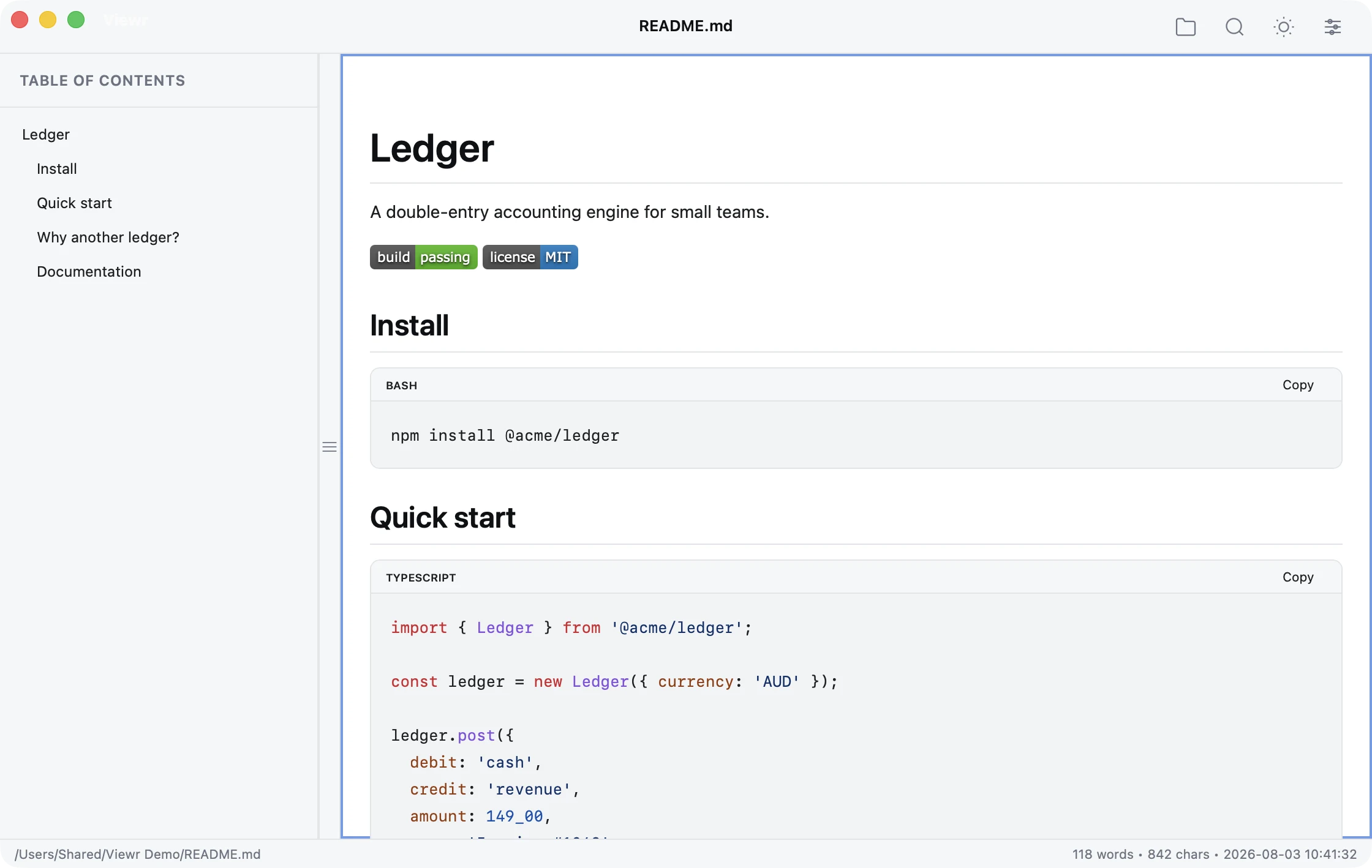 A project README in Viewr, with badges, headings and syntax-highlighted code