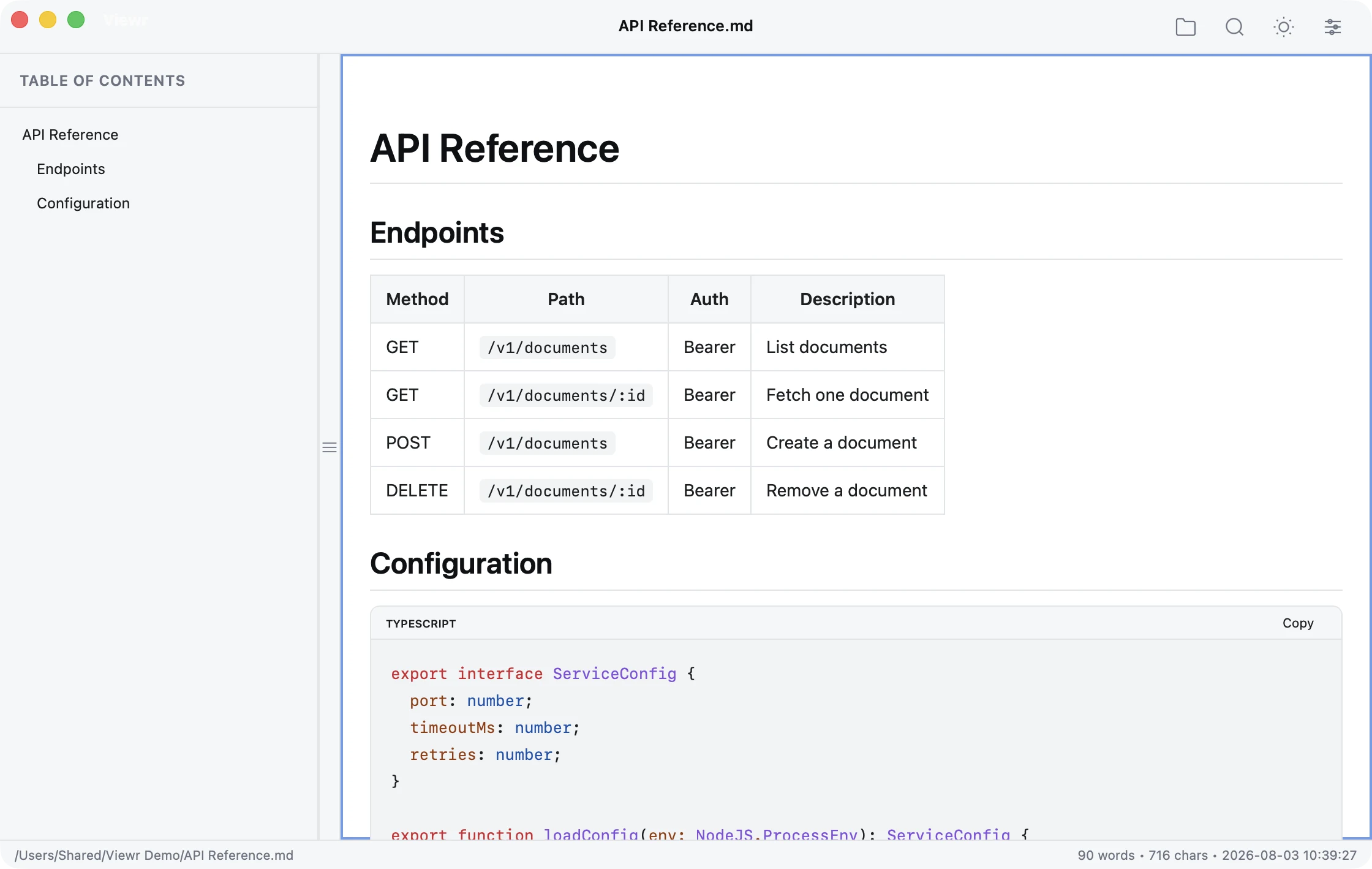An API reference in Viewr, showing a table and syntax-highlighted code